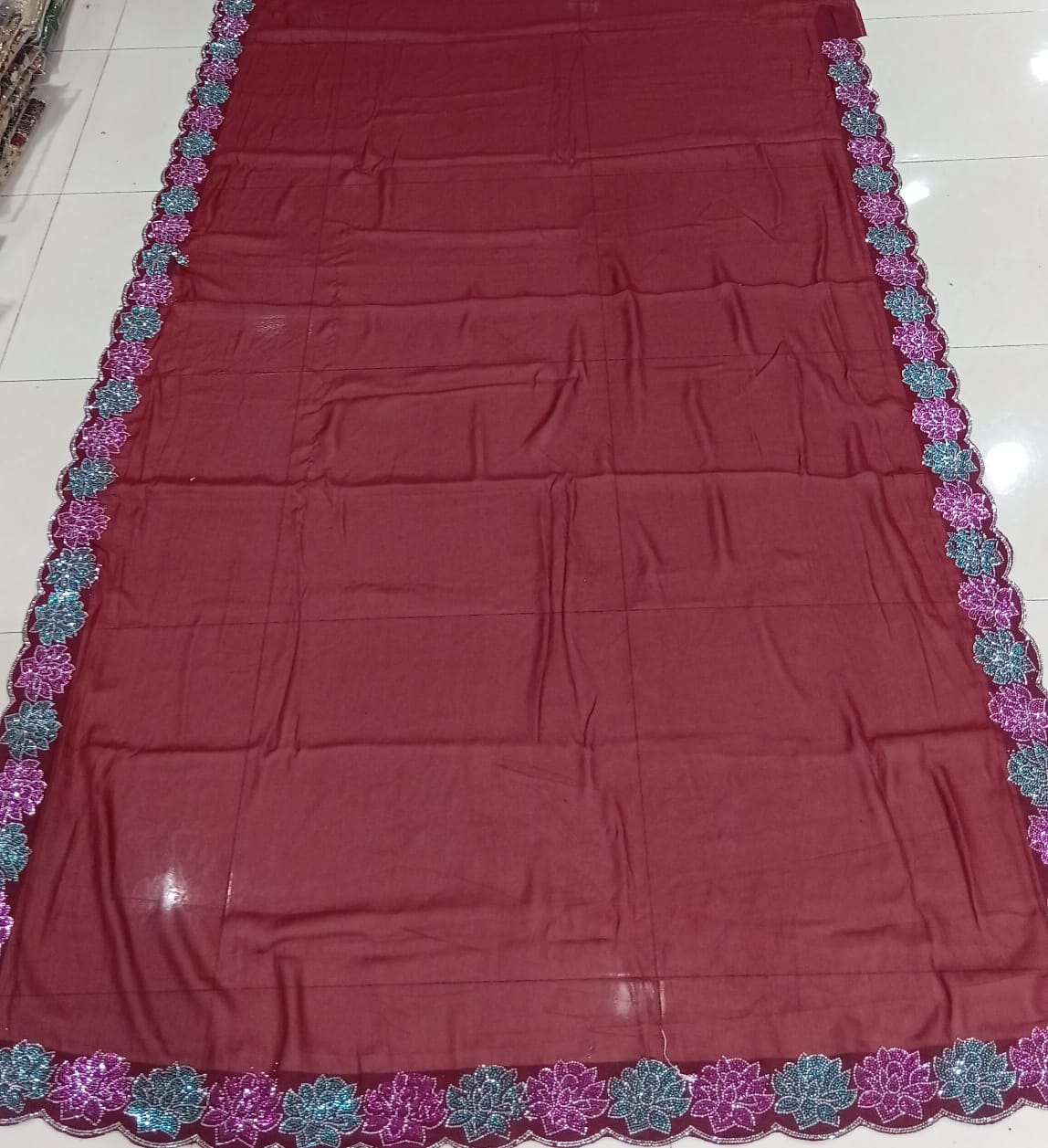 Designer Fancy Lycra Saree with Elegant Embroidery 6 pcs set – M.R. Saree Emporium