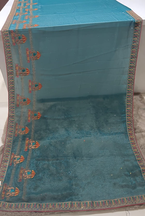 Simmar Teal Blue Chiffon Saree with Temple Border M.R. Saree Emporium