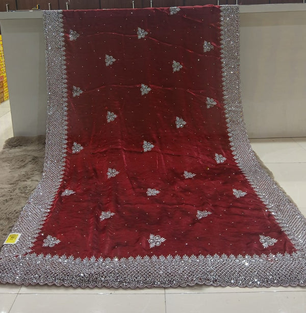 Wine Red Jimmy Choo Saree with Heavy Silver Work M.R. Saree Emporium