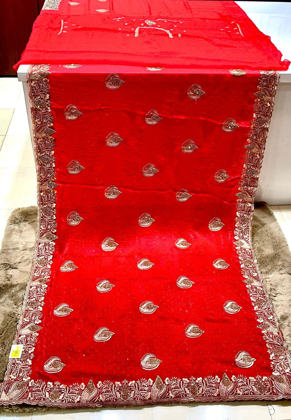 Barbari Red Chiffon Saree with Heavy Silver Work M.R. Saree Emporium
