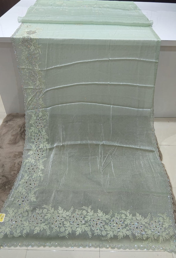Mint Green Barbari Saree with Embroidered Border M.R. Saree Emporium