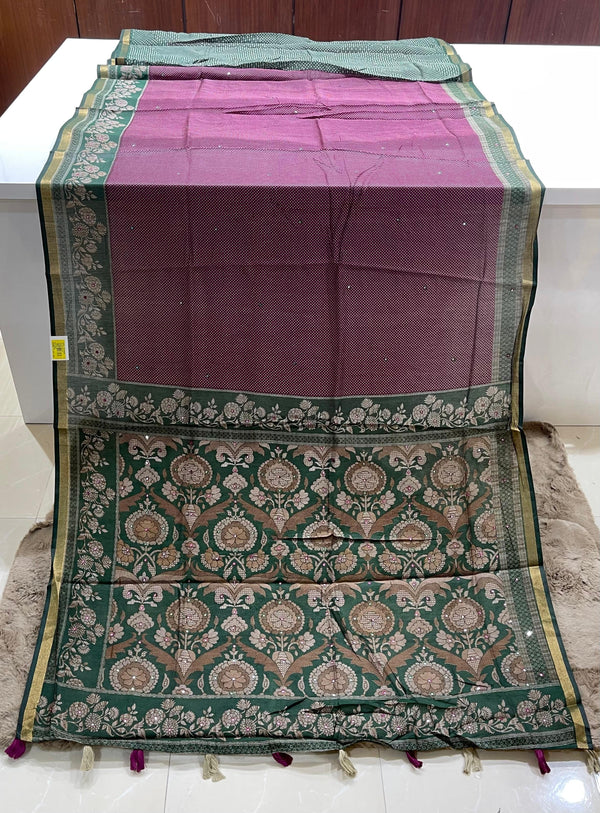 Fancy Print Wine & Green Saree with Jari Border M.R. Saree Emporium