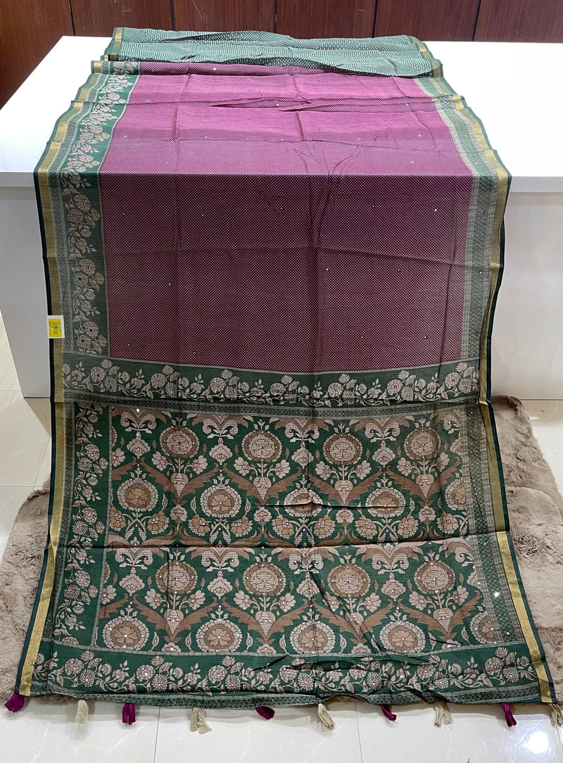 Fancy Print Wine & Green Saree with Jari Border M.R. Saree Emporium