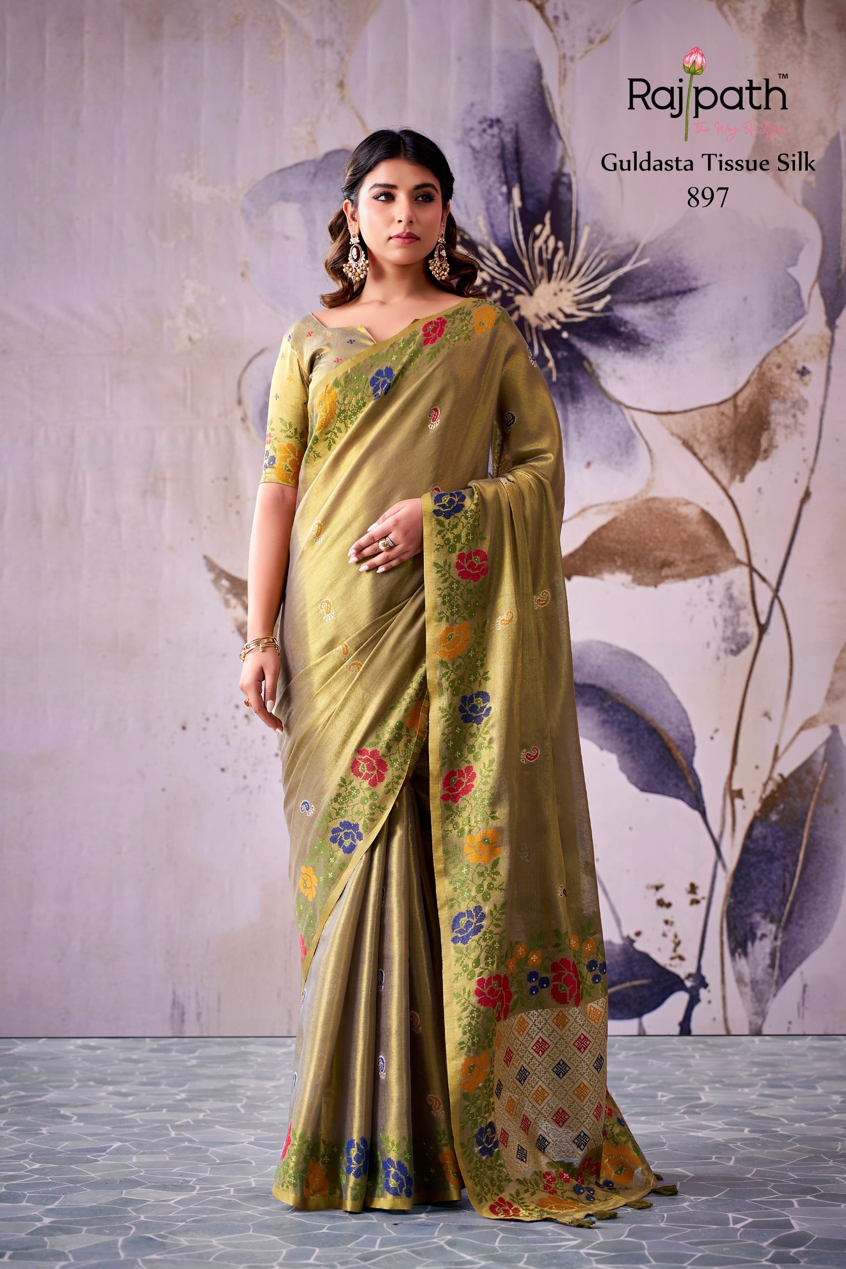RajPath Fabrics GULDASTA 6 Pcs Set Tissue Silk Saree
