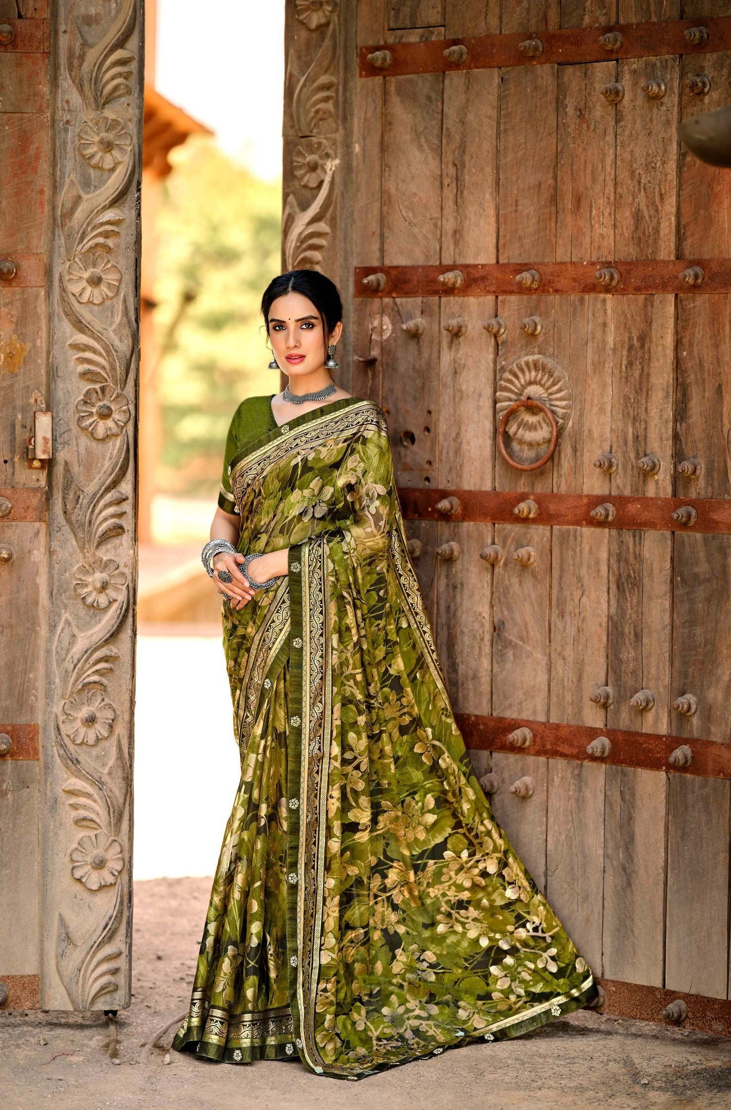 Krishnaleela Hasrat Brasso Floral Printed Saree with Designer Border - 8 PCS Set