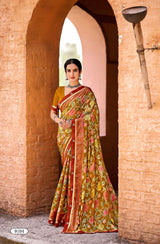 Krishnaleela Hasrat Brasso Floral Printed Saree with Designer Border - 8 PCS Set