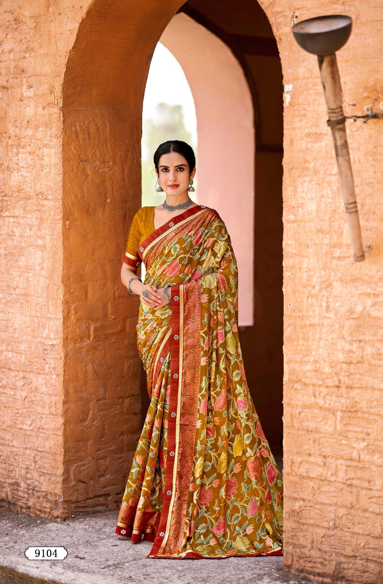 Krishnaleela Hasrat Brasso Floral Printed Saree with Designer Border - 8 PCS Set