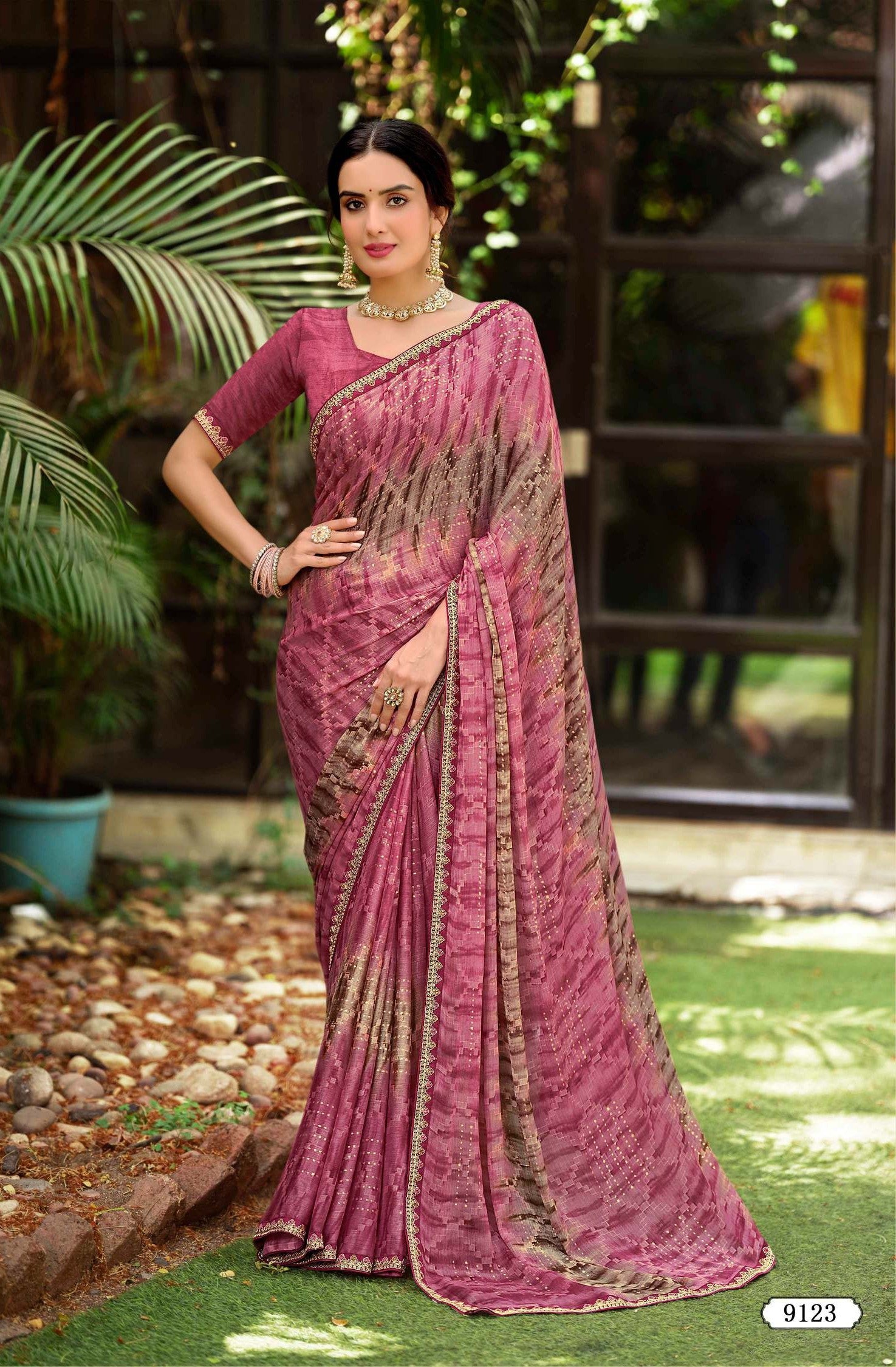 Krishnaleela Hastkala Fancy Fabrics Printed Saree with Designer Border - 8 PCS Set