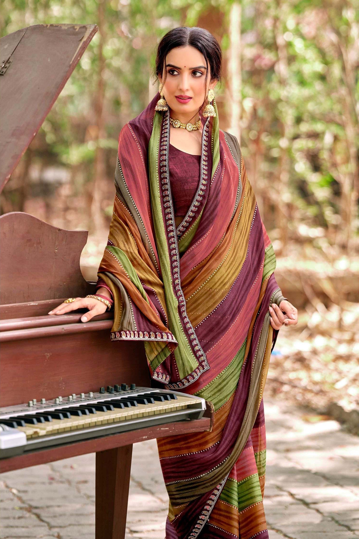 Krishnaleela Hastkala Fancy Fabrics Printed Saree with Designer Border - 8 PCS Set