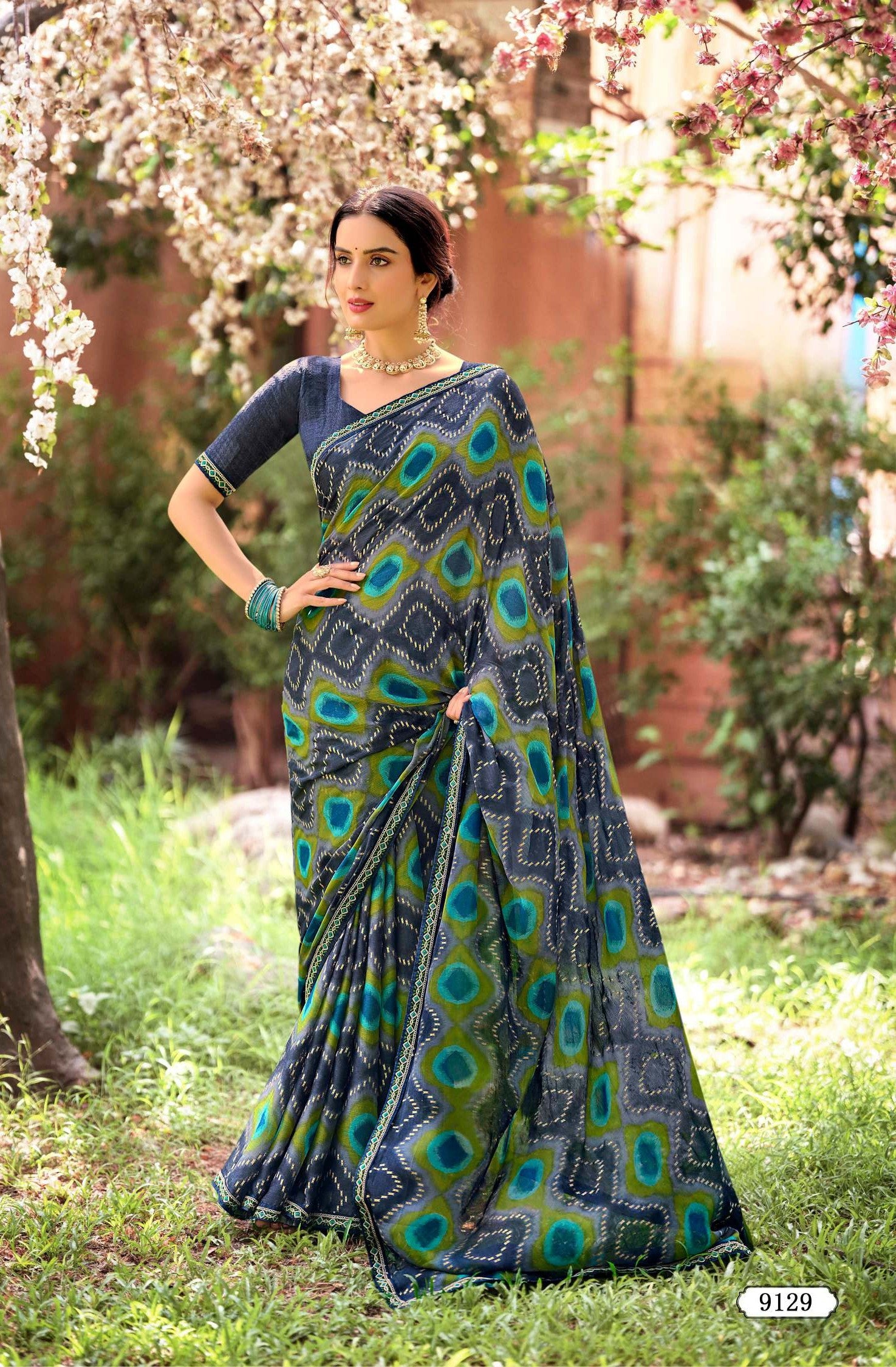 Krishnaleela Hastkala Fancy Fabrics Printed Saree with Designer Border - 8 PCS Set