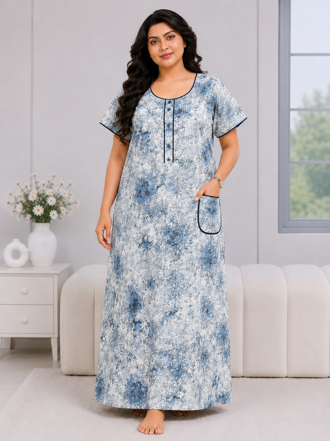 Hello Paradise Premium Cotton Digital Pocket Nighty - 3 Pcs Set