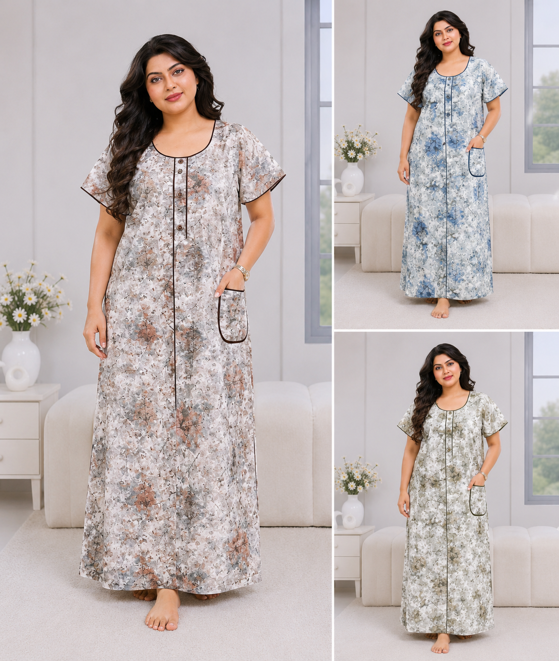Hello Paradise Premium Cotton Digital Pocket Nighty - 3 Pcs Set