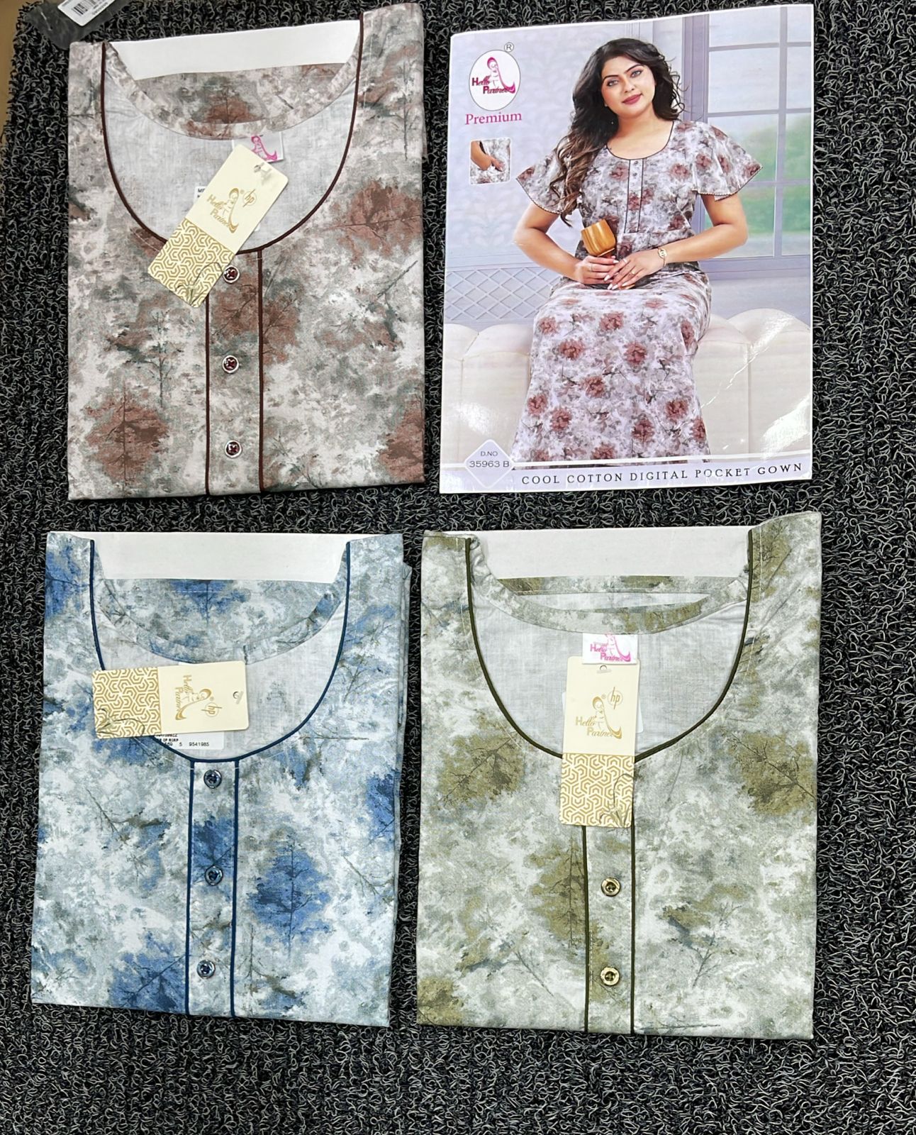 Hello Paradise Premium Cotton Digital Pocket Nighty - 3 Pcs Set