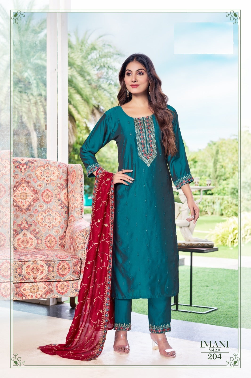 IMANI-2.0 – 3 PCS Straight Dress Set in Rangeela Silk -M.R. Saree Emporium