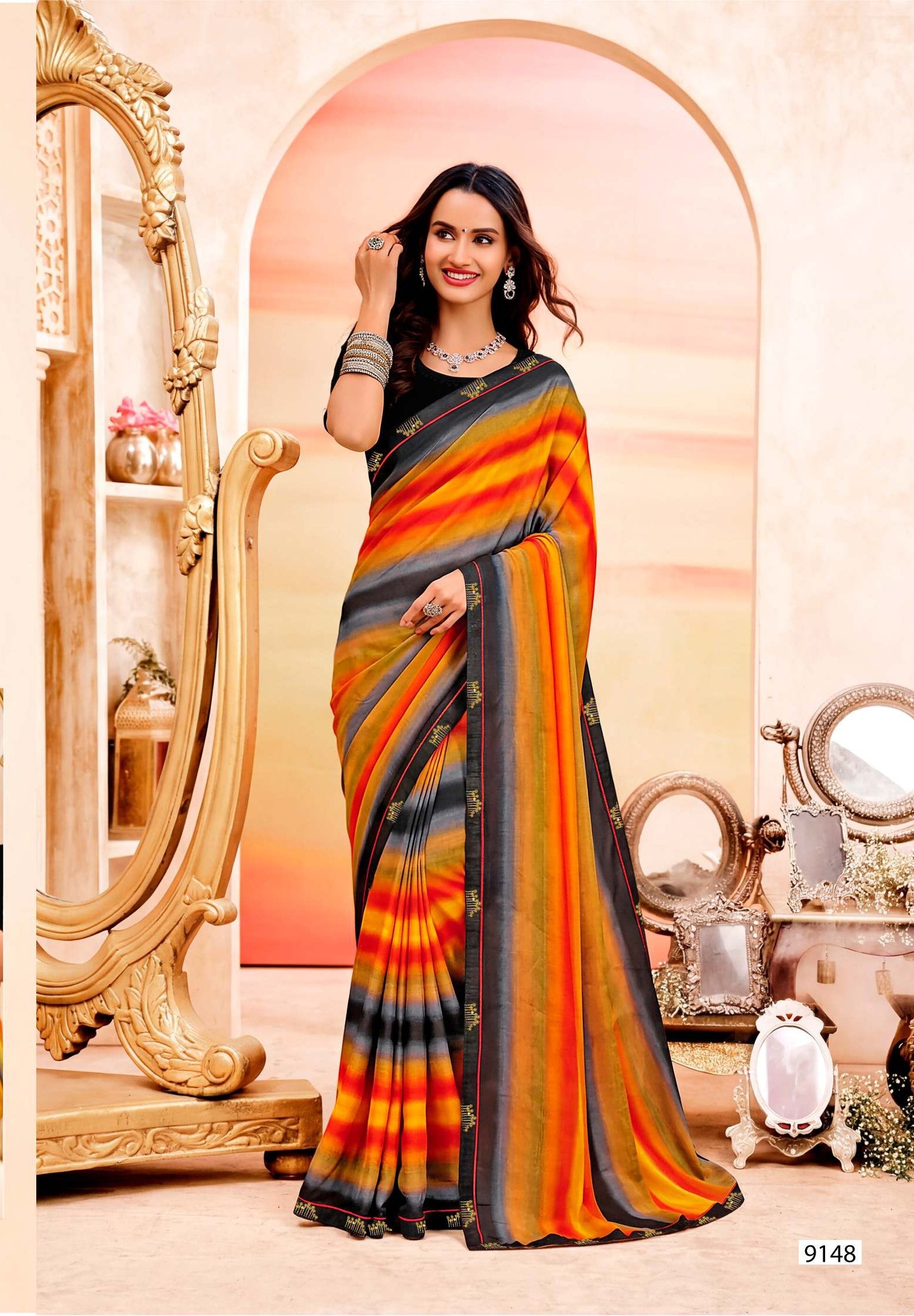 Inayat Designer Saree with Multicolor Border - 8 Pcs Set