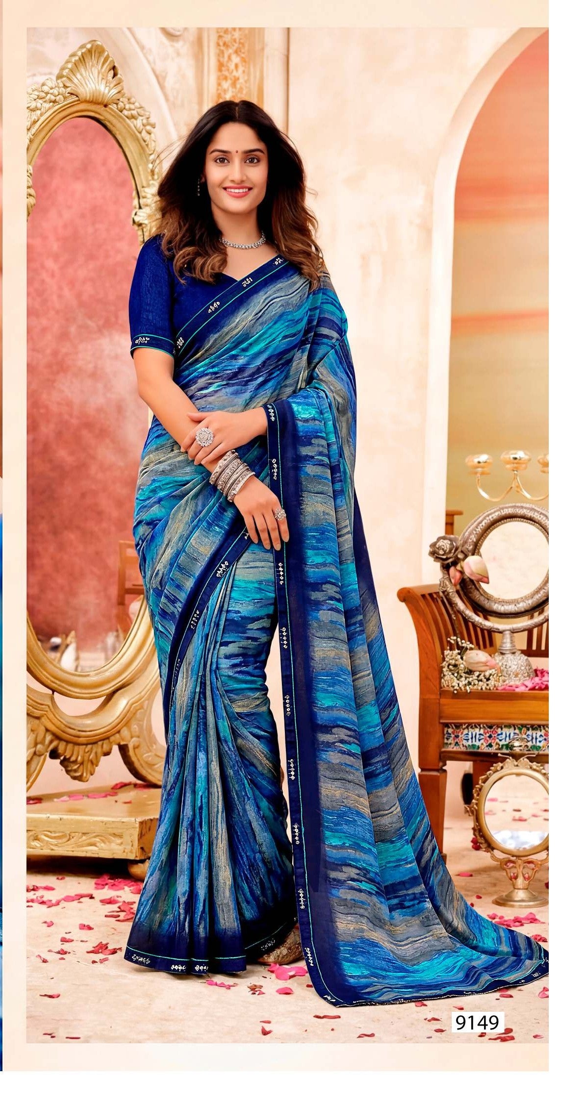 Inayat Designer Saree with Multicolor Border - 8 Pcs Set
