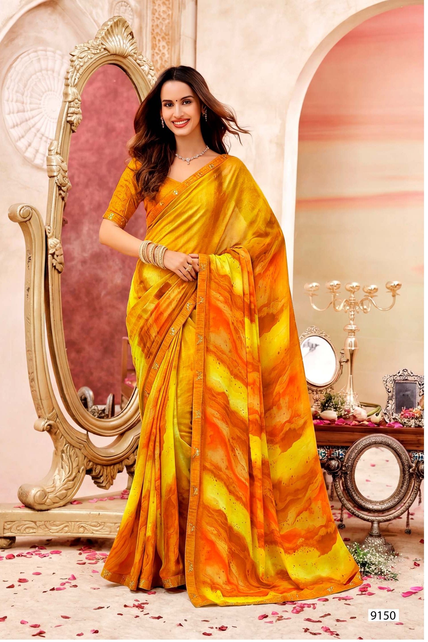 Inayat Designer Saree with Multicolor Border - 8 Pcs Set