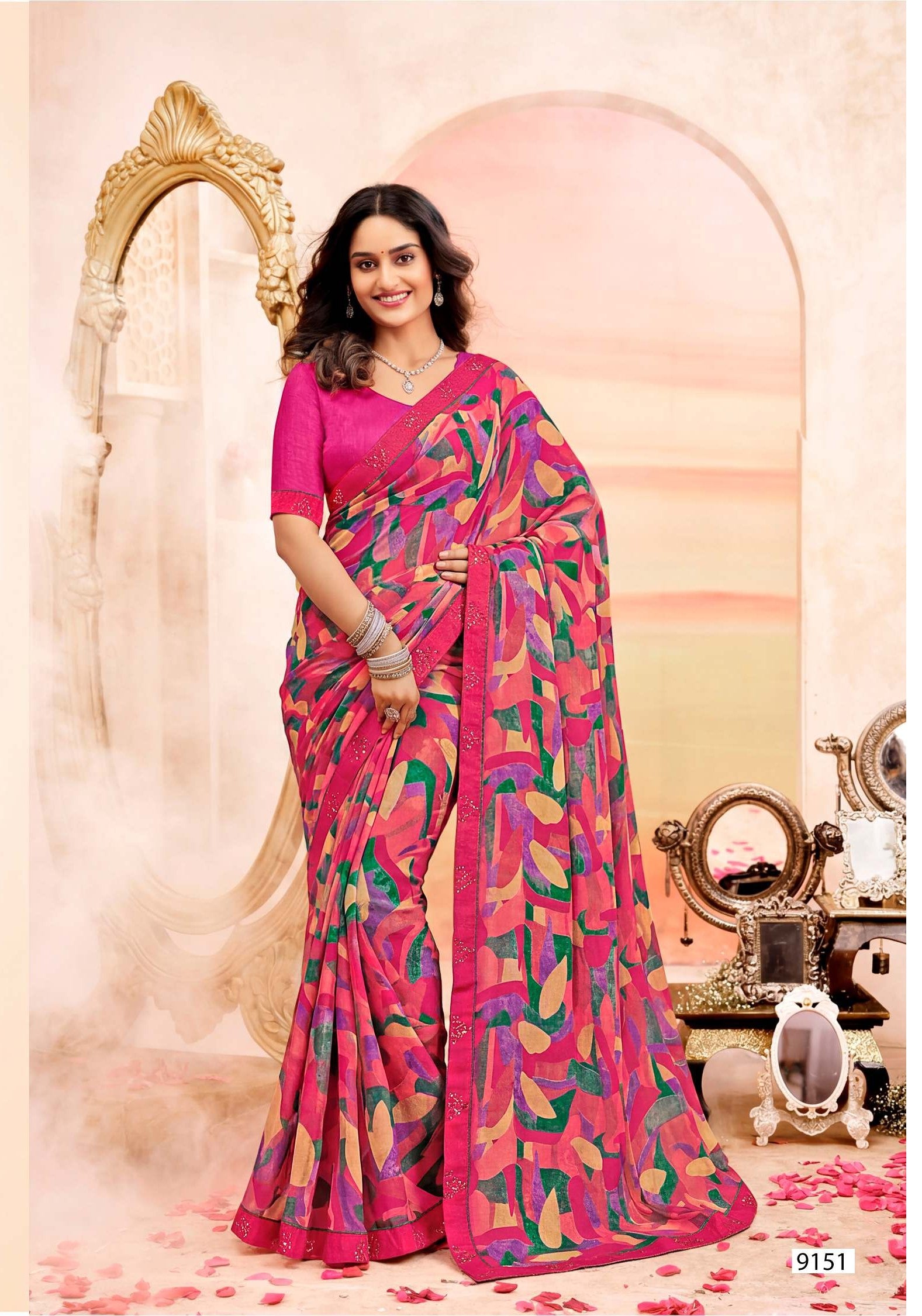 Inayat Designer Saree with Multicolor Border - 8 Pcs Set