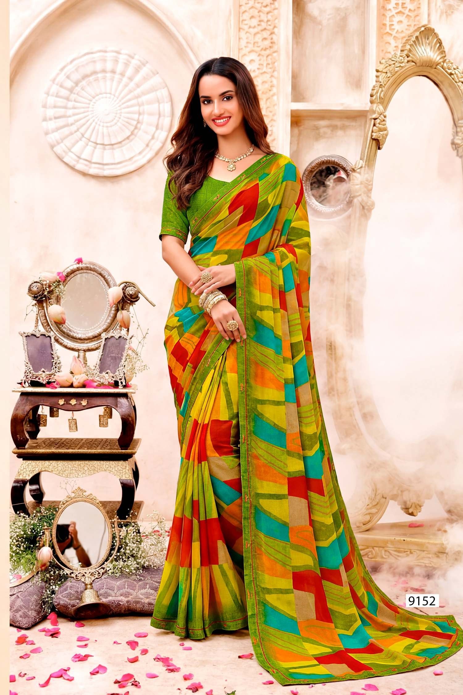 Inayat Designer Saree with Multicolor Border - 8 Pcs Set