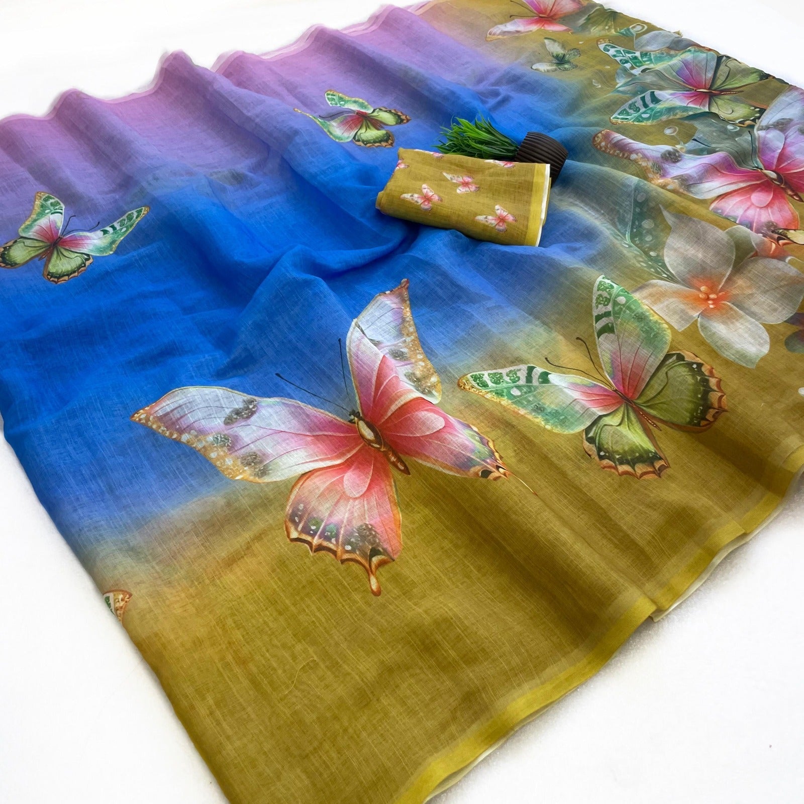 Indira Linen Saree for Women - Soft Linen with Fancy Butterfly Print & Tassels Designer Saree (Single Available) - M.R. Saree Emporium