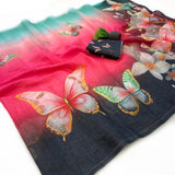 Indira Linen Saree for Women - Soft Linen with Fancy Butterfly Print & Tassels Designer Saree (Single Available) - M.R. Saree Emporium