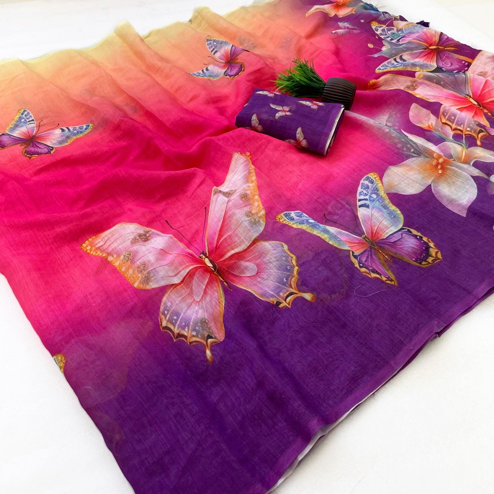 Indira Linen Saree for Women - Soft Linen with Fancy Butterfly Print & Tassels Designer Saree (Single Available) - M.R. Saree Emporium