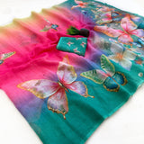 Indira Linen Saree for Women - Soft Linen with Fancy Butterfly Print & Tassels Designer Saree (Single Available) - M.R. Saree Emporium