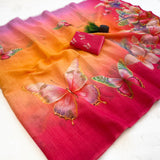 Indira Linen Saree for Women - Soft Linen with Fancy Butterfly Print & Tassels Designer Saree (Single Available) - M.R. Saree Emporium