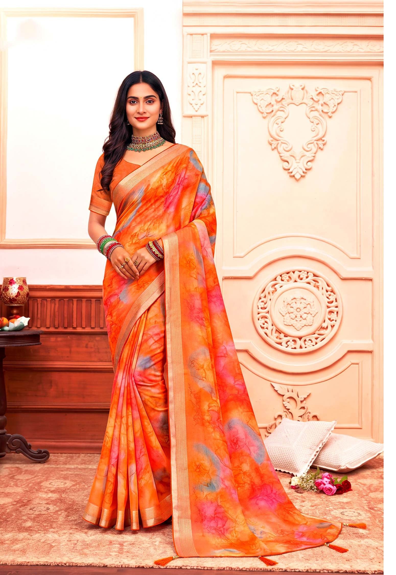 Jhanak Traditional Printed Saree with Elegant Zari Border & Designer Pallu