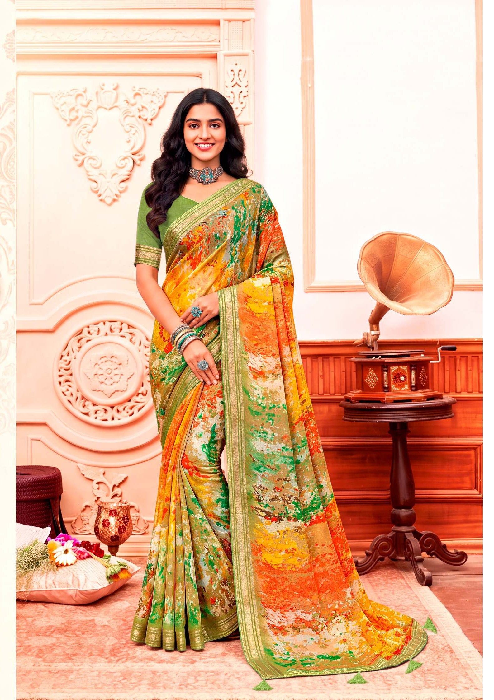 Jhanak Traditional Printed Saree with Elegant Zari Border & Designer Pallu