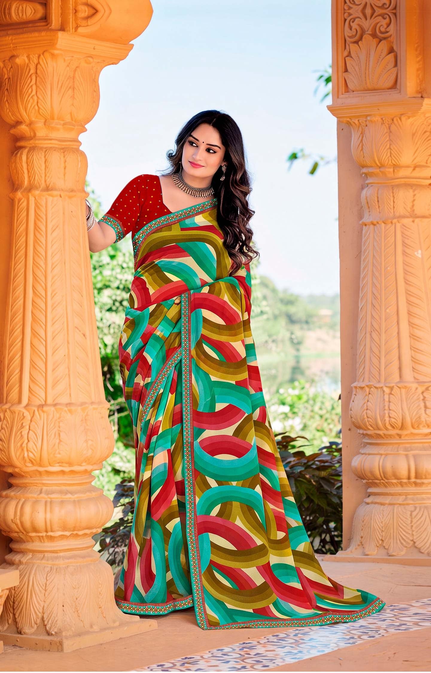 Joganiya-2 Georgette Abstract Geometric Printed Saree Designer Printed Border 8 PCS Set