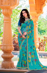 Joganiya-2 Georgette Abstract Geometric Printed Saree Designer Printed Border 8 PCS Set