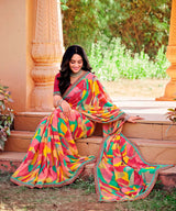 Joganiya-2 Georgette Abstract Geometric Printed Saree Designer Printed Border 8 PCS Set
