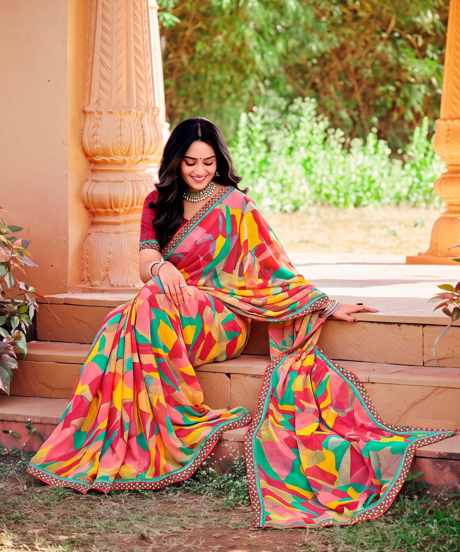 Joganiya-2 Georgette Abstract Geometric Printed Saree Designer Printed Border 8 PCS Set