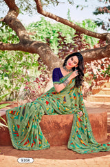 Joganiya-2 Georgette Abstract Geometric Printed Saree Designer Printed Border 8 PCS Set