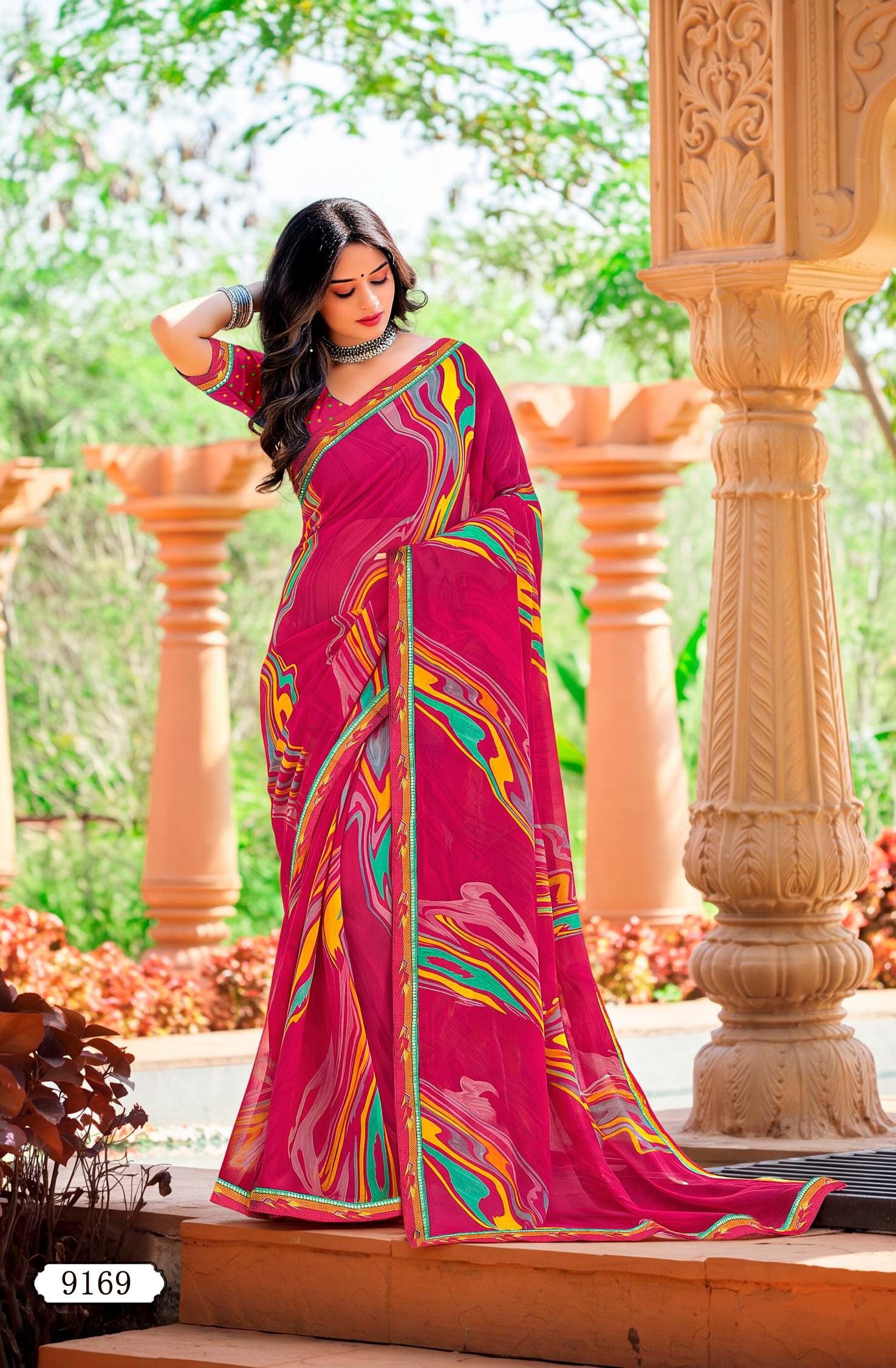 Joganiya-2 Georgette Abstract Geometric Printed Saree Designer Printed Border 8 PCS Set