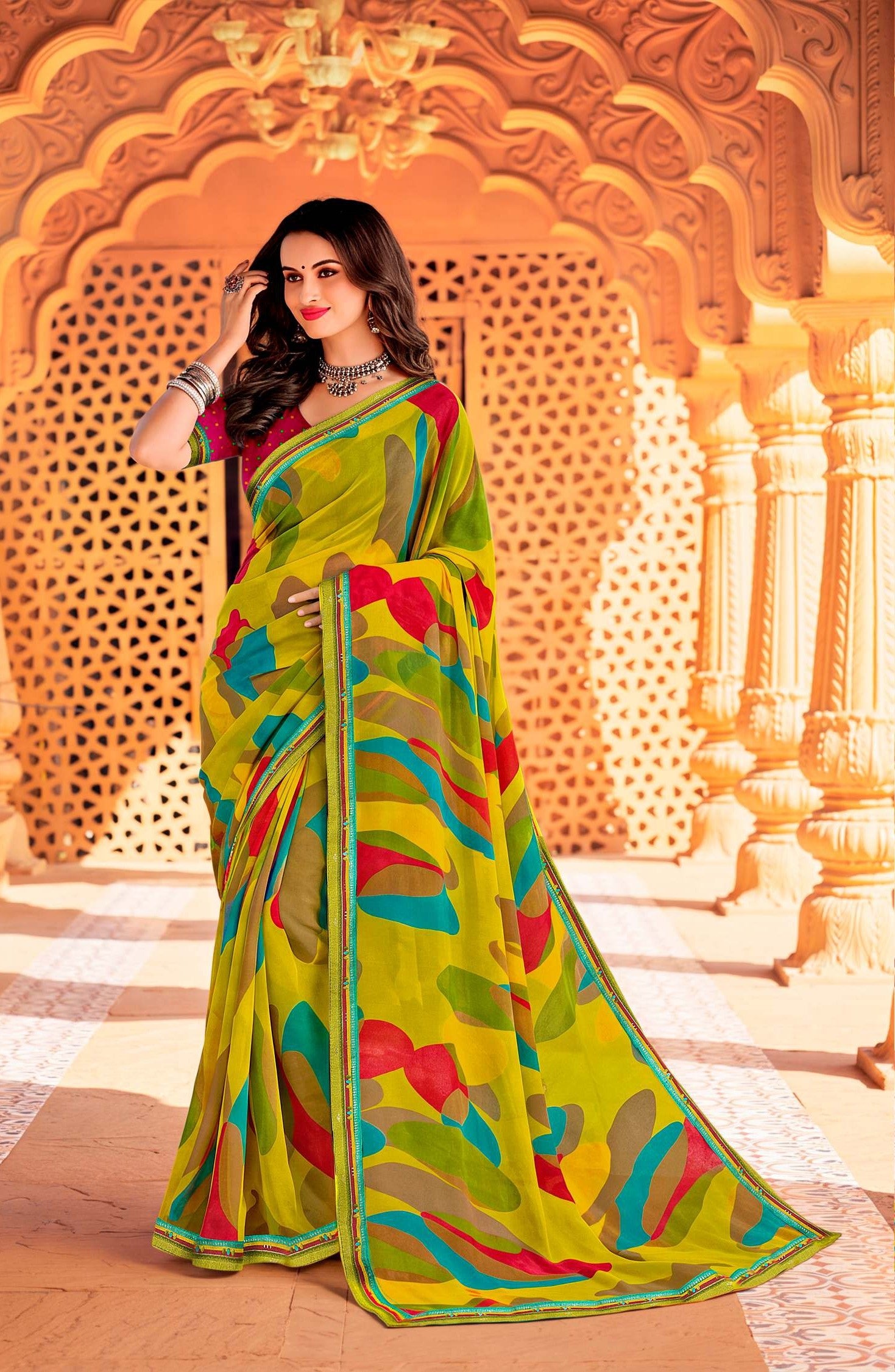 Joganiya-2 Georgette Abstract Geometric Printed Saree Designer Printed Border 8 PCS Set