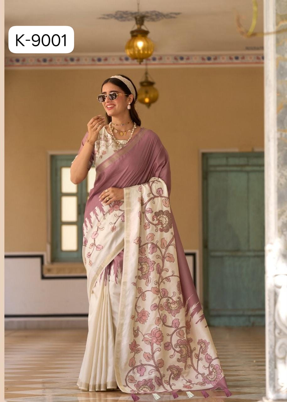 Kira Kalam Temple Pure Tussar Silk Saree - Designer Floral Pallu & Printed Body - M.R. Saree Emporium