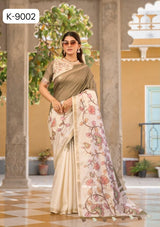 Kira Kalam Temple Pure Tussar Silk Saree - Designer Floral Pallu & Printed Body - M.R. Saree Emporium