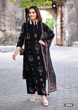 Kadlee Classy Look Rayon Printed Kurti Pant Dupatta Set 6 Pcs