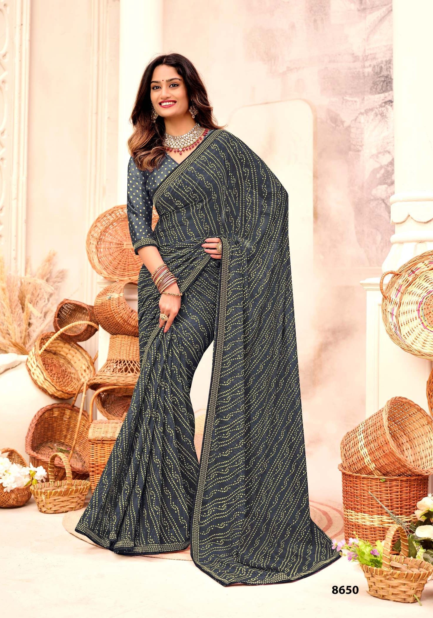 Krishnaleela Gujariya Fancy Print Saree – Set of 8 Pcs – M.R. Saree Emporium