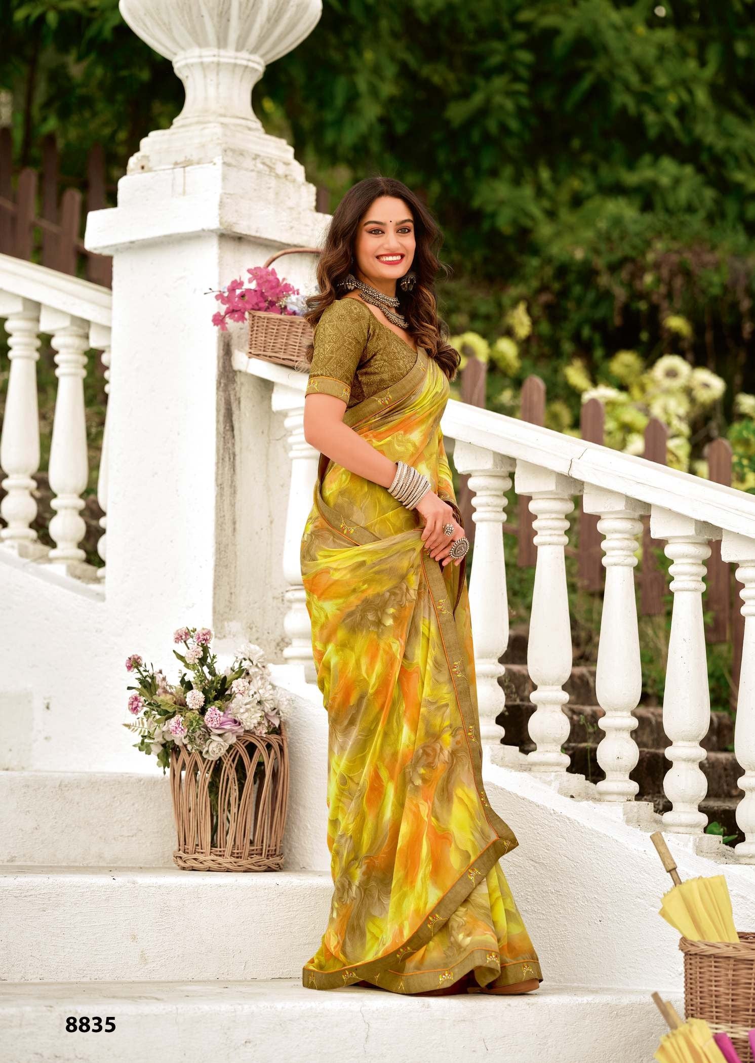 Krishnaleela Guzaarish Fancy Base with Pattern Printed Saree – 6 Pcs Set-M.R. Saree Emporium