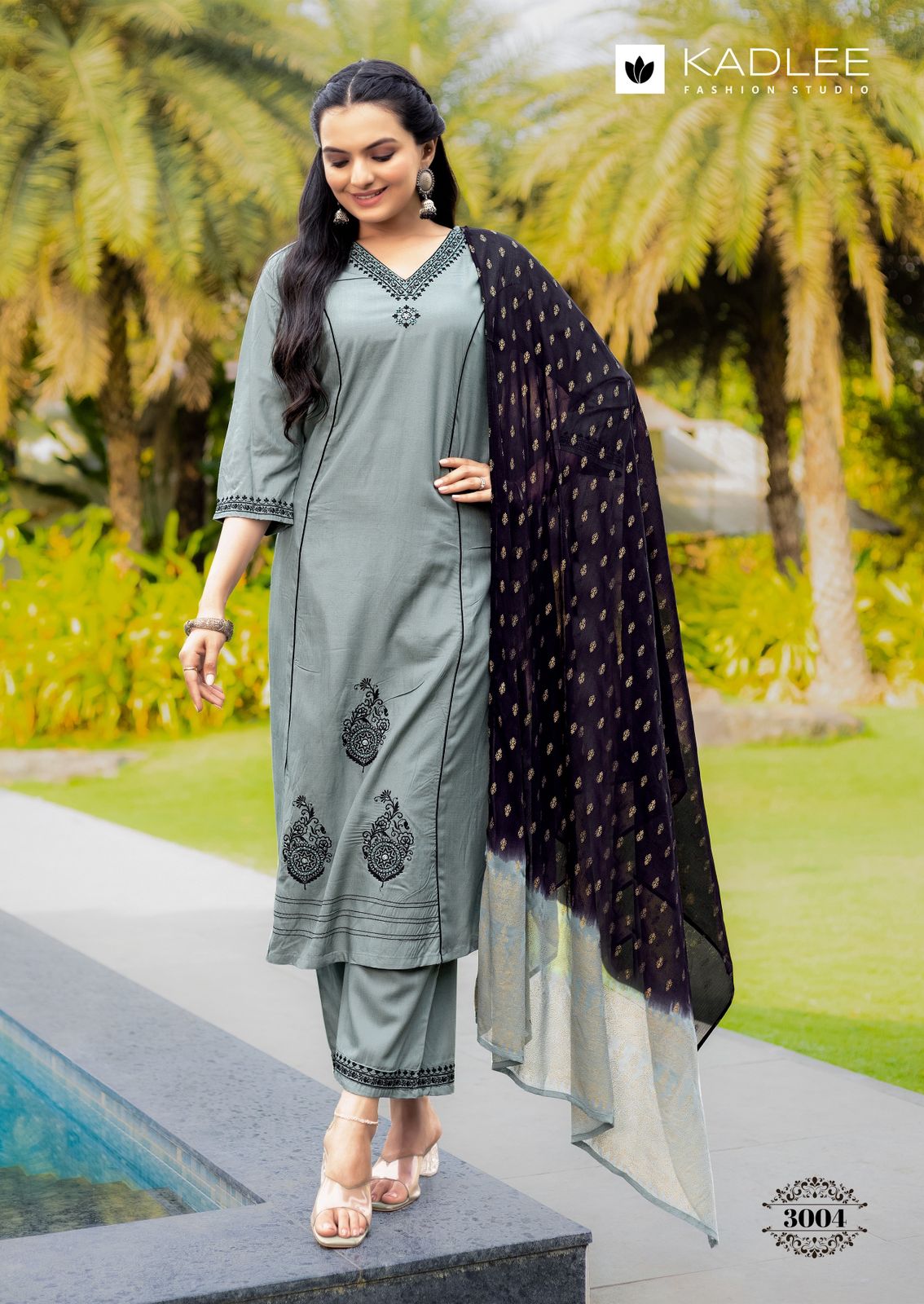 Kadlee Amrita - 6 Pcs Set Rayon Slub Kurti Pant Set with Thread & Handwork - M.R. Saree Emporium