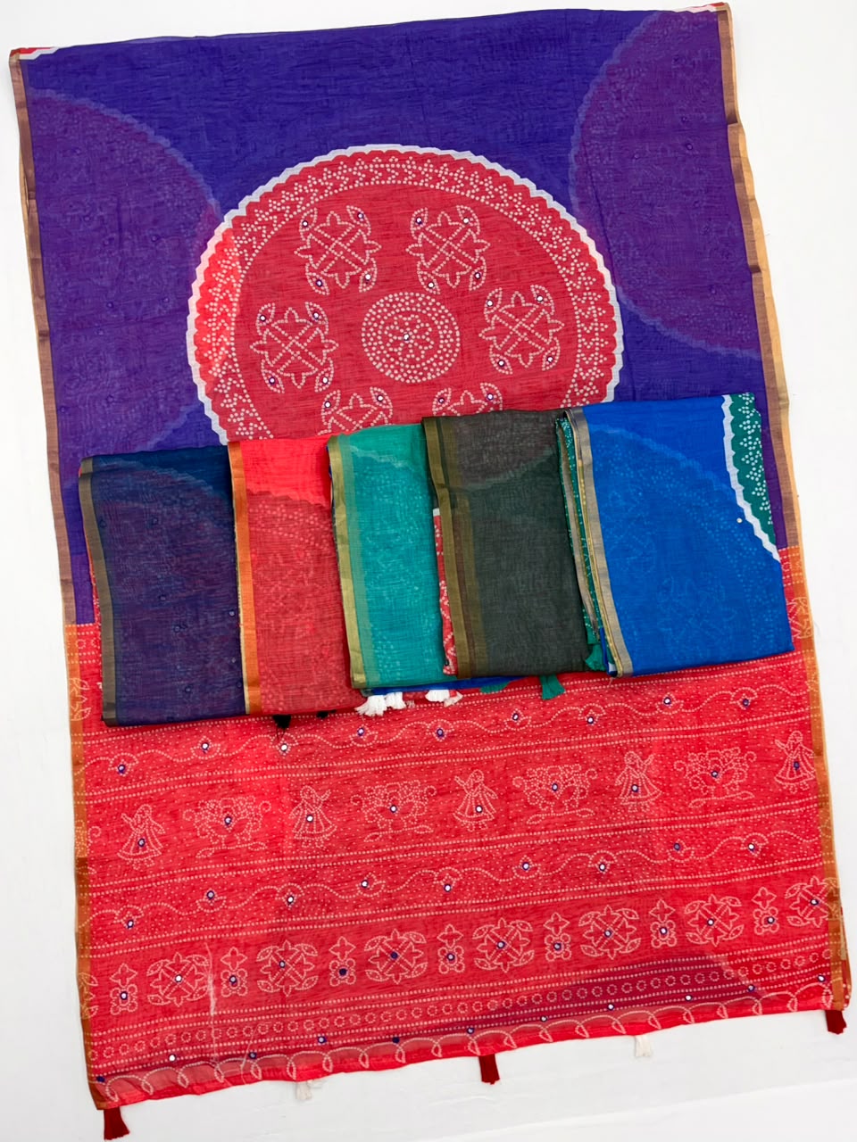 Kakshi Linen Soft Linen Mirror Work Saree 6 Pcs Set