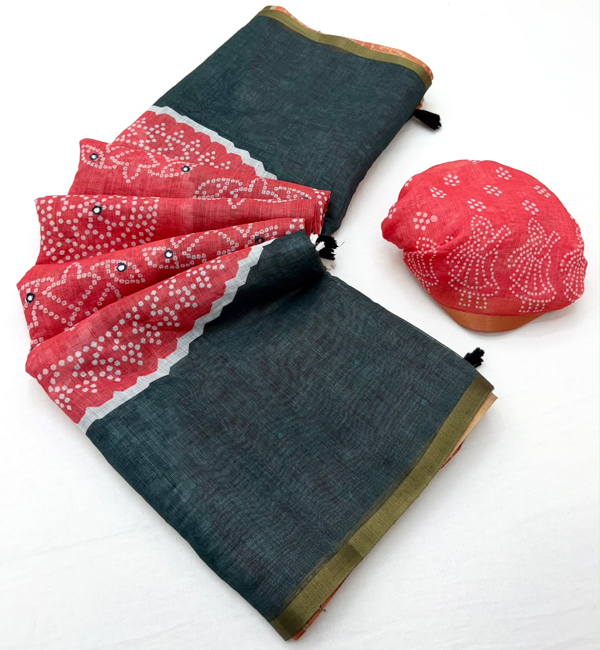 Kakshi Linen Soft Linen Mirror Work Saree 6 Pcs Set