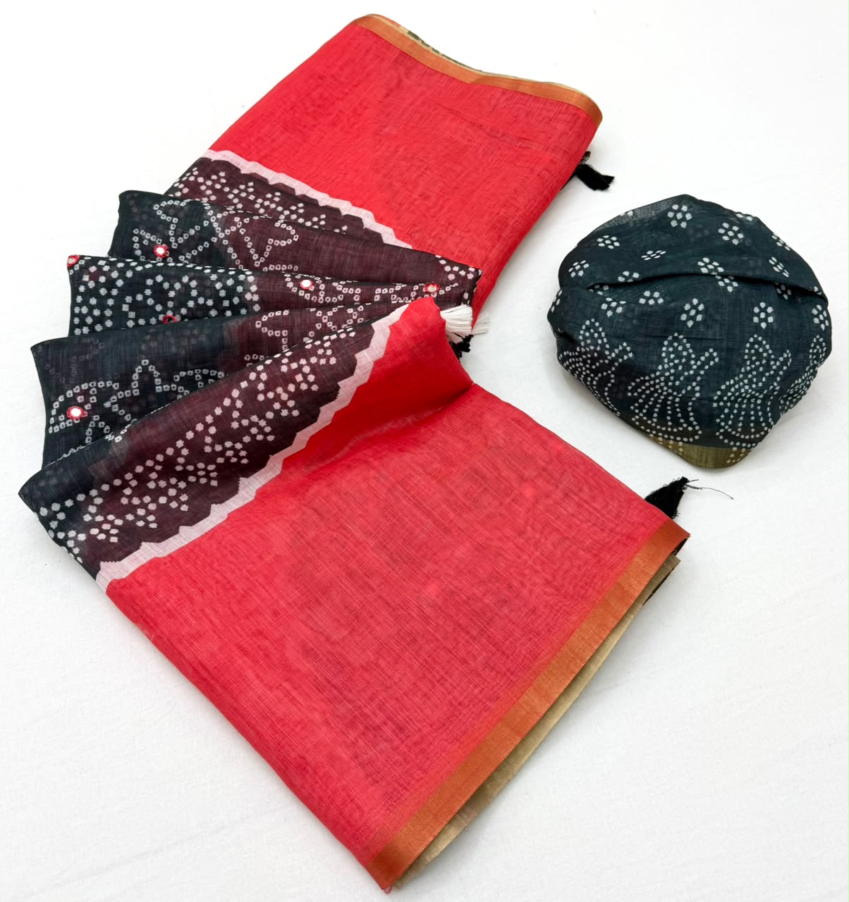 Kakshi Linen Soft Linen Mirror Work Saree 6 Pcs Set