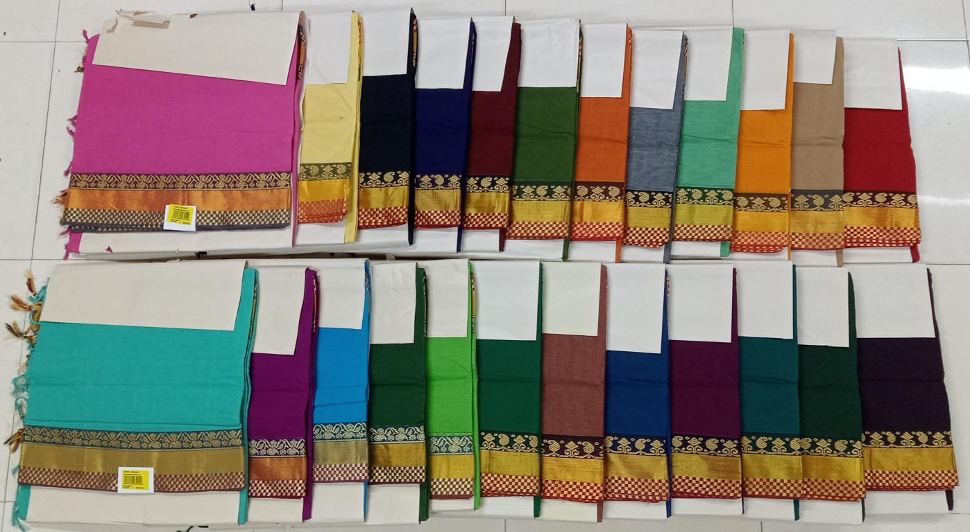 Kala Niketan Plain Cotton Saree Collection – 24 Pcs Set Traditional Golden Border-M.R. Saree Emporium
