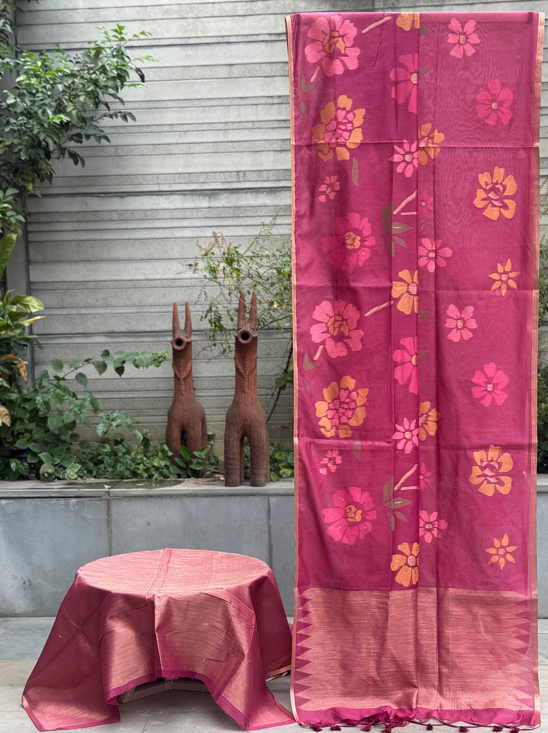 Kasturi Cotton Feel Jamdani Weave Jaal Saree – Elegant Floral Design-4 Pcs Set-M.R. Saree Emporium