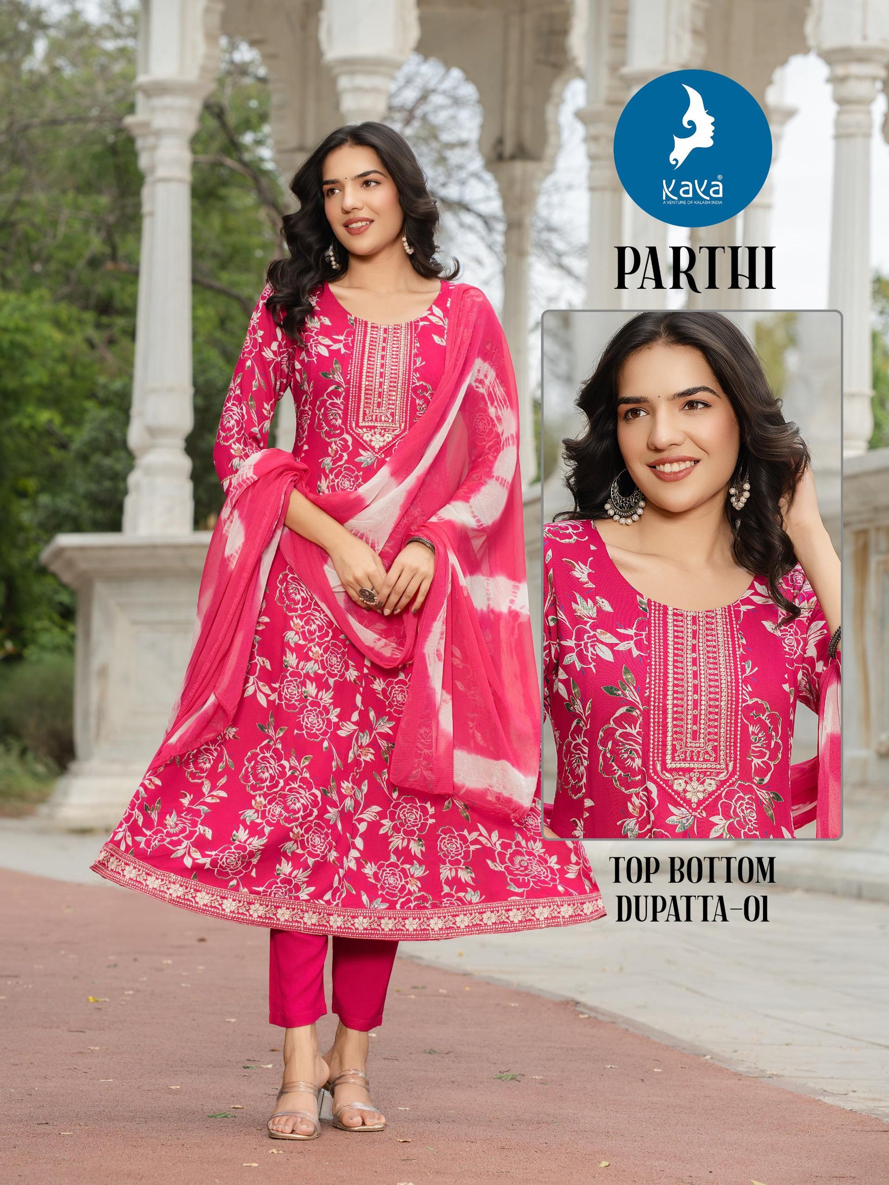 Kaya Kurti Parthi - 6 Pcs Set 3 Piece Anarkali Rayon Printed Kurti Set with Naznin Chiffon Dupatta - M.R. Saree Emporium