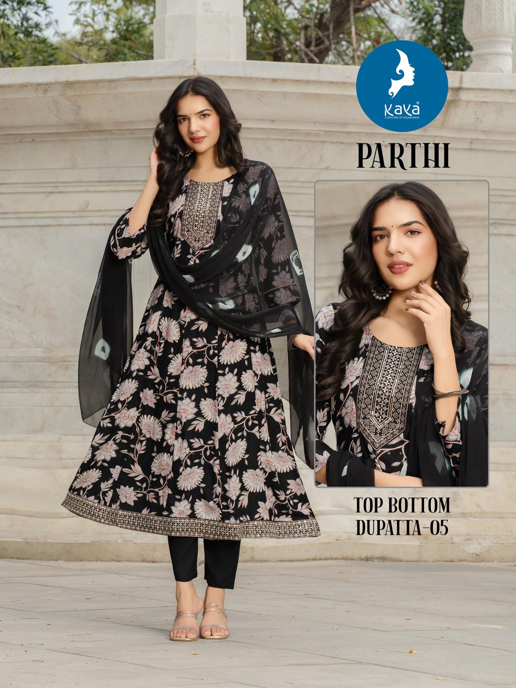 Kaya Kurti Parthi - 6 Pcs Set 3 Piece Anarkali Rayon Printed Kurti Set with Naznin Chiffon Dupatta - M.R. Saree Emporium